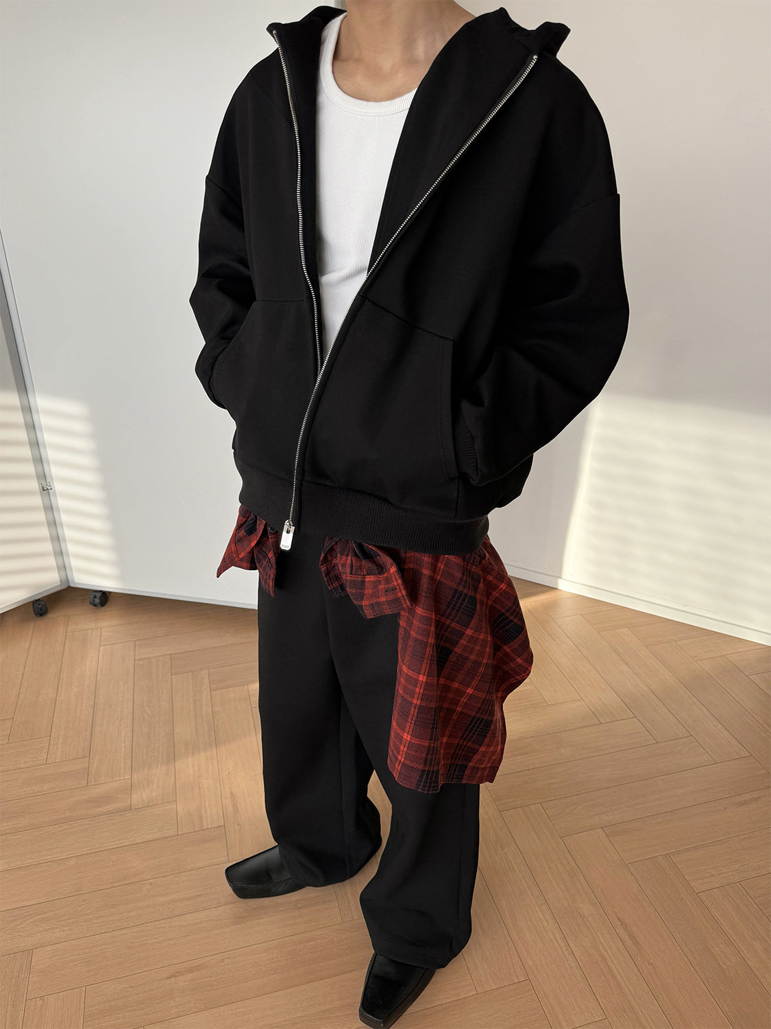 Detachable Fake Layered Plaid Shirt Zipper Hoodie