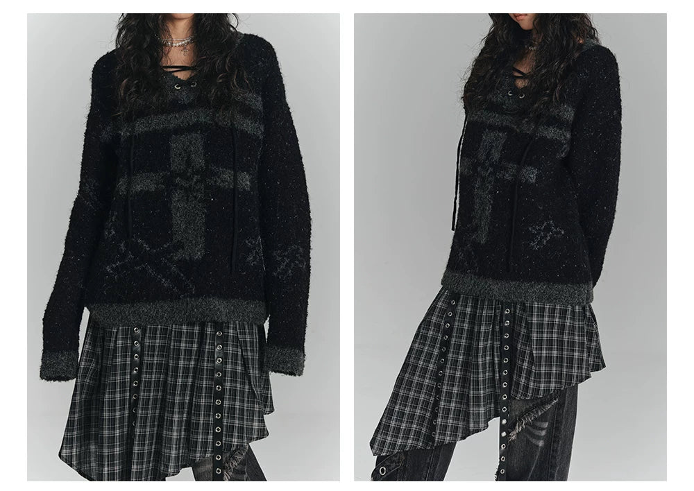 Cross Detail Drawstring Oversize V-Neck Knit Sweater
