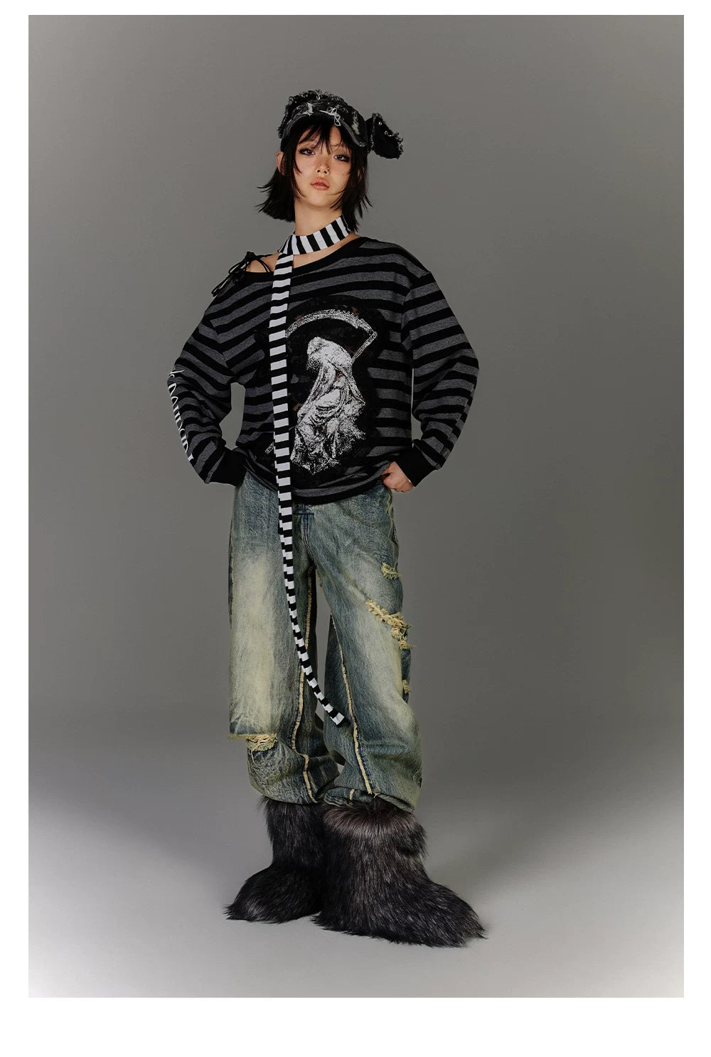 Washed Blue Damage Wide Leg Denim Jeans