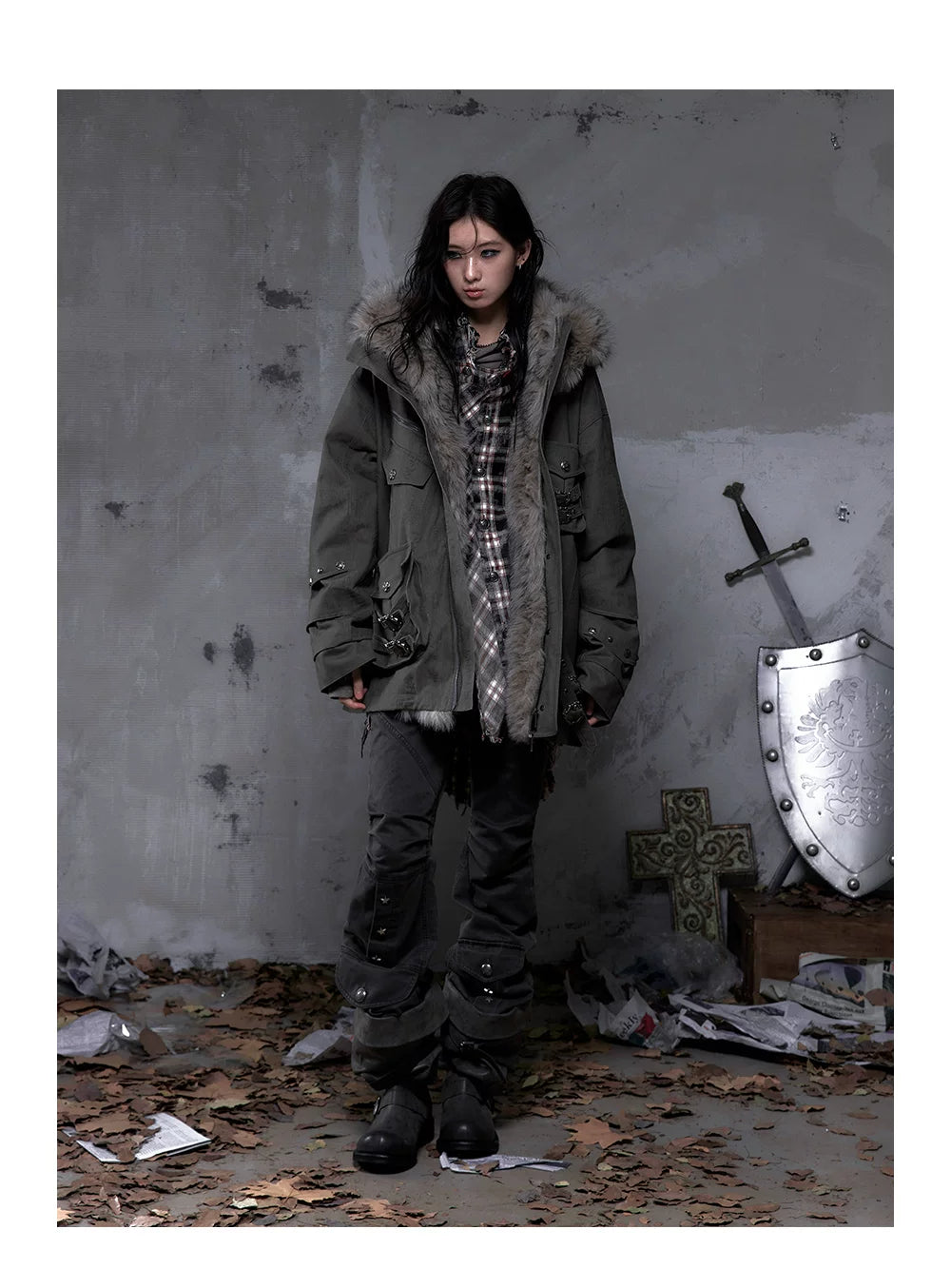 Fake Fur Hooded Multi-Pocket Buckle Detail Jacket