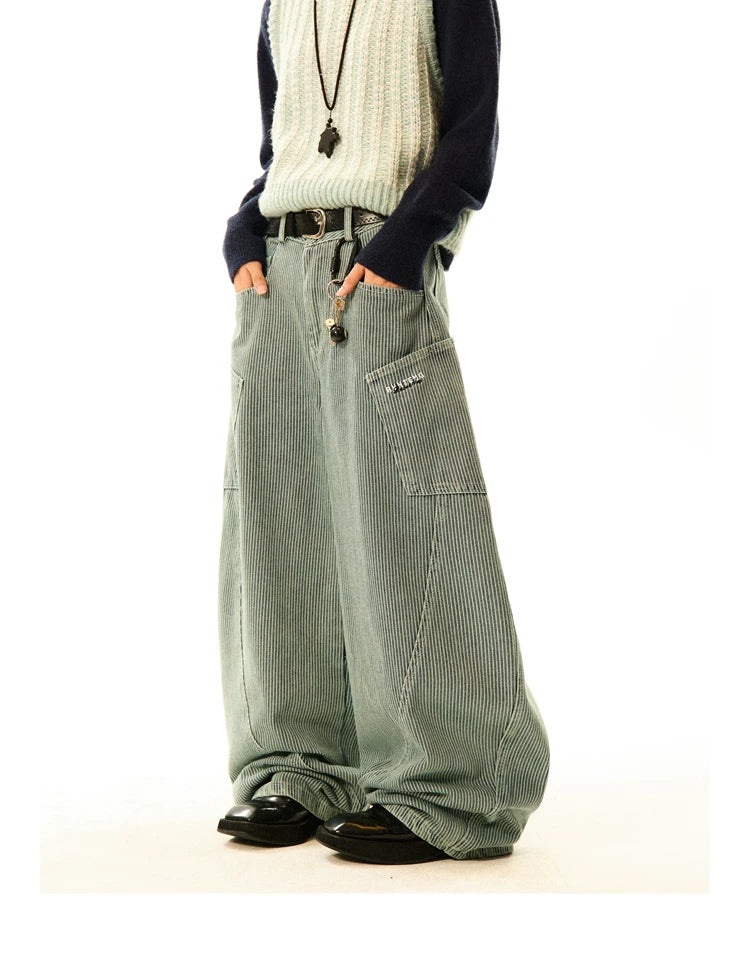 Stripe Pattern Wide Leg Denim Jeans