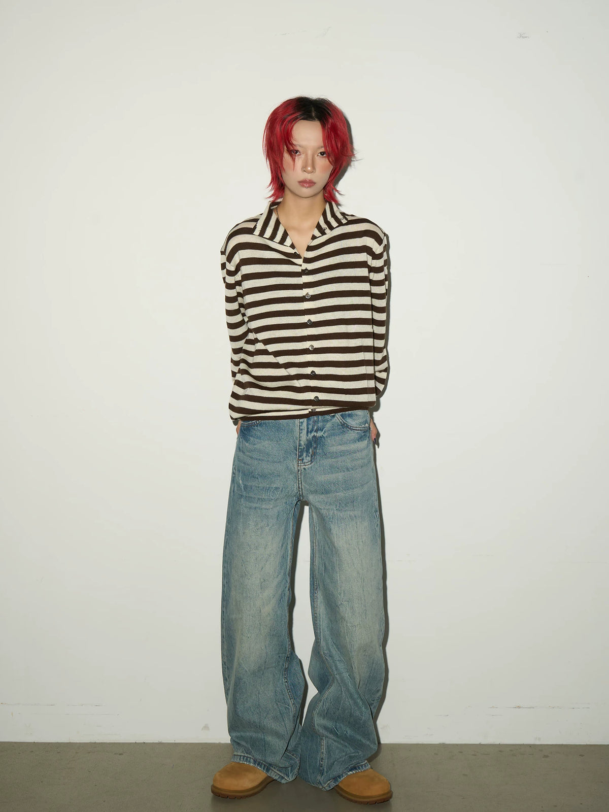 Contrast Stripe Wool Knit High-Neck Cardigan