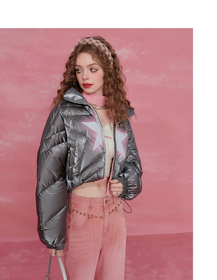 Star-Stitch Stand Neck Short White Duck Down Jacket