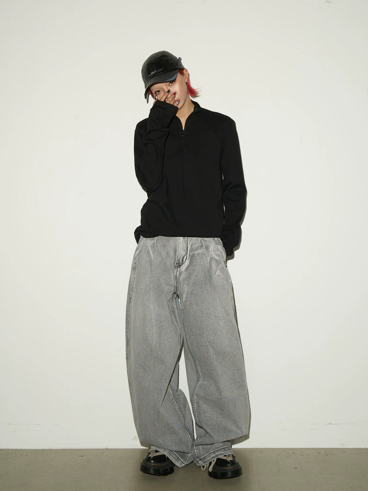 High Waist Pleats Washed Wide Leg Denim Jeans