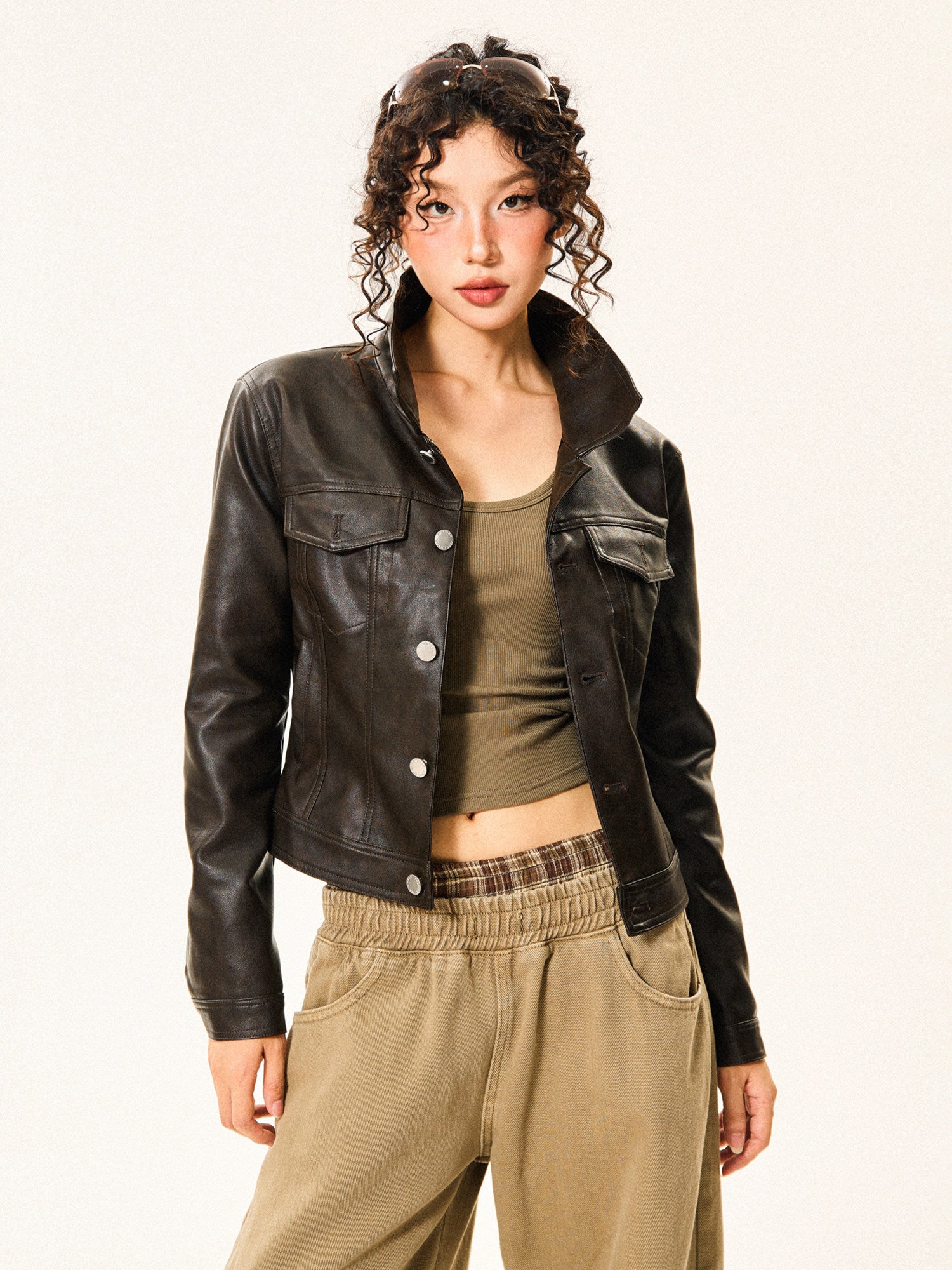 PU Leather Standing-Collar Short Jacket