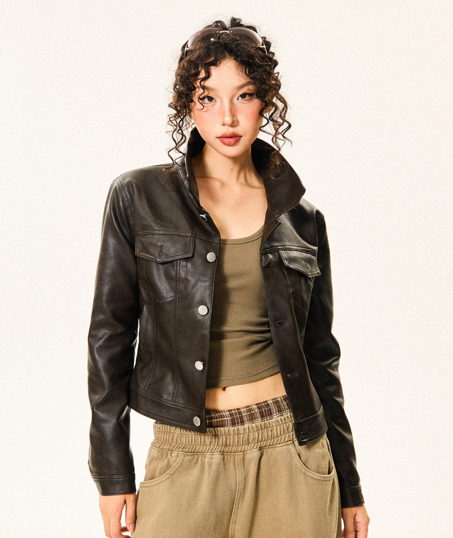 PU Leather Standing-Collar Short Jacket