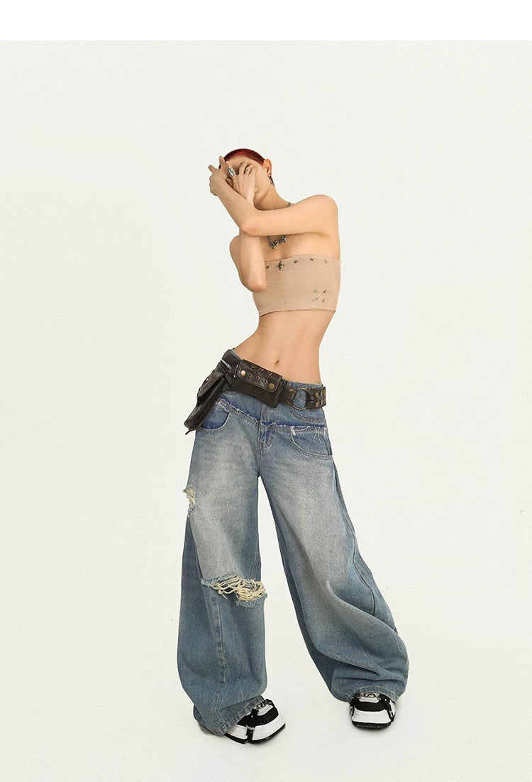 Damage Embroidery Wash Wide Leg Denim Jeans
