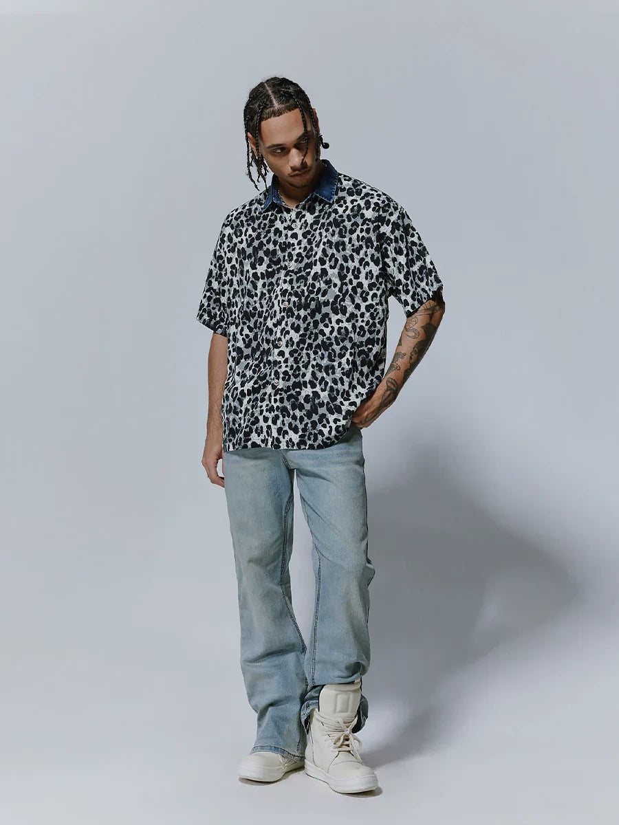 Leopard Print Spread-Collar Short Sleeve Shirt
