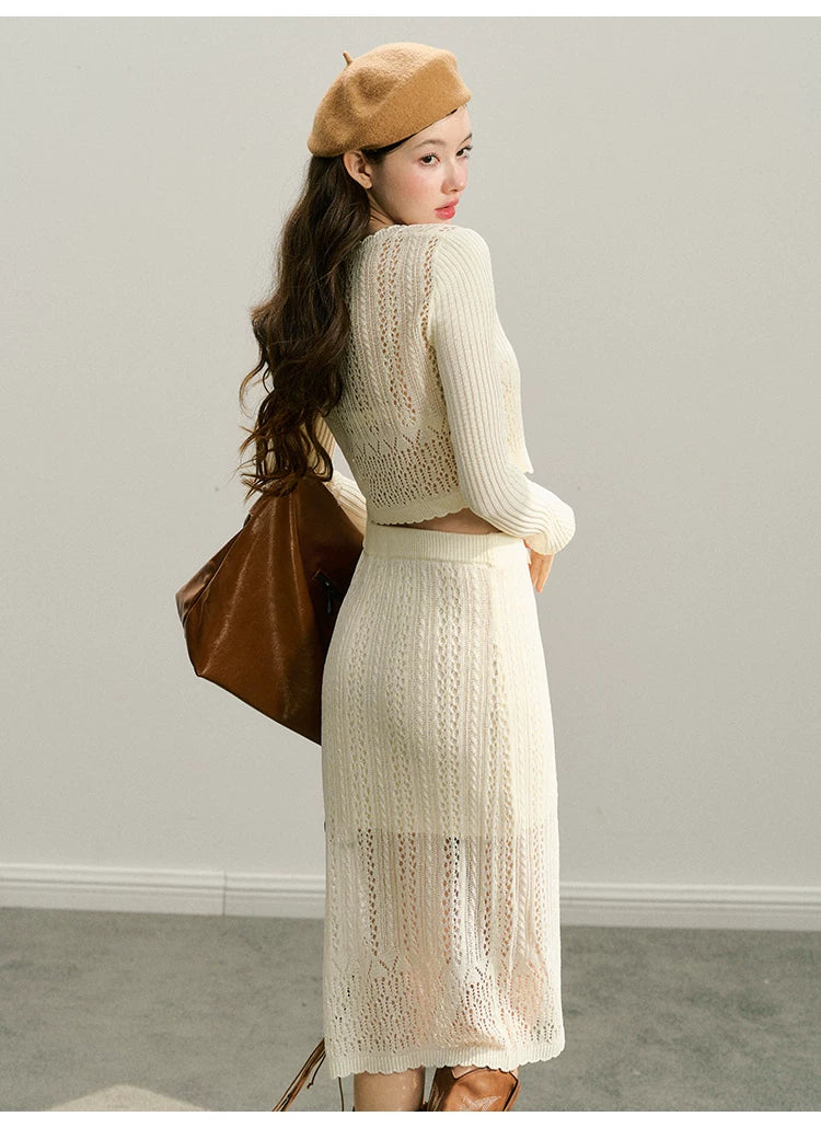 Hollow Out Button Knit Cardigan & Half Skirt Setup