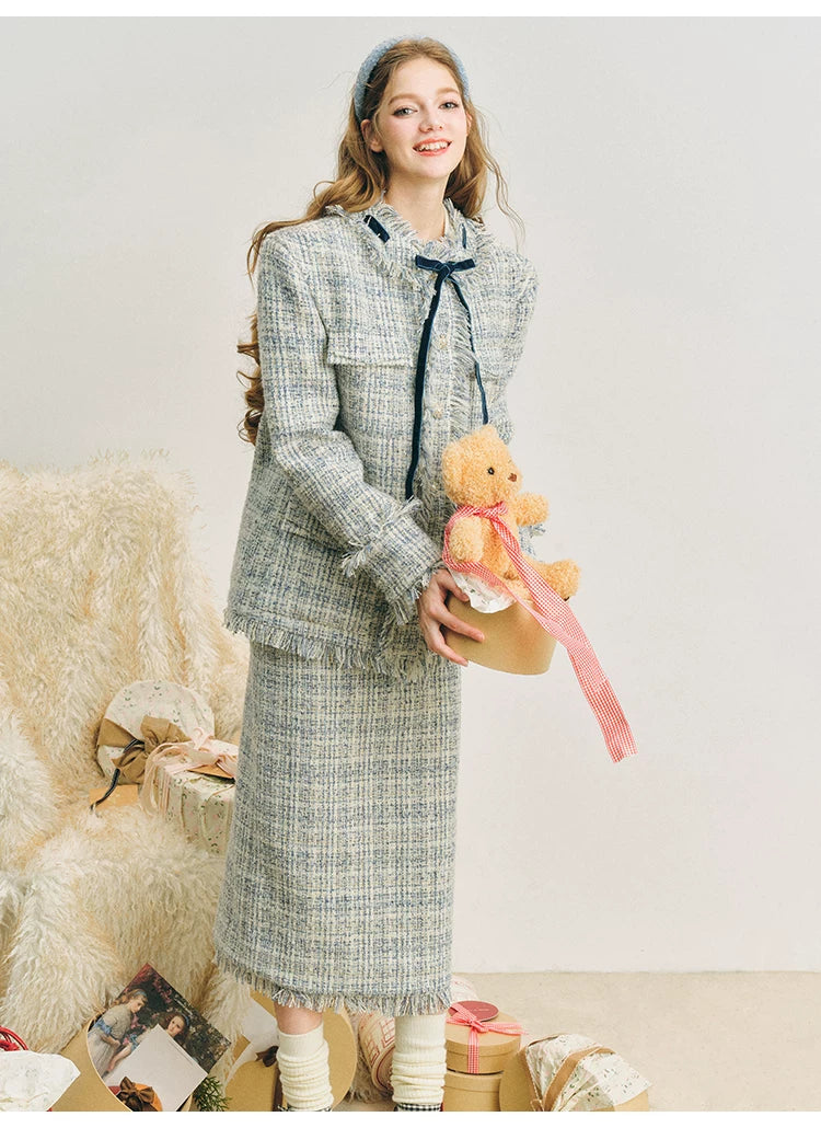 Bow Jacquard Jacket & Tassel Jacquard Short Skirt Setup