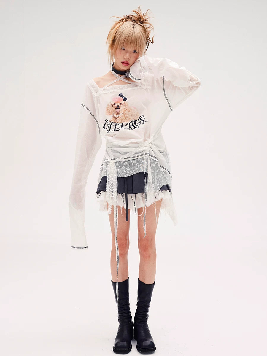 Dog Print Lace-Trim Long Sleeve T-Shirt