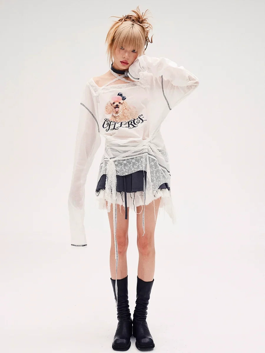 Dog Print Lace-Trim Long Sleeve T-Shirt