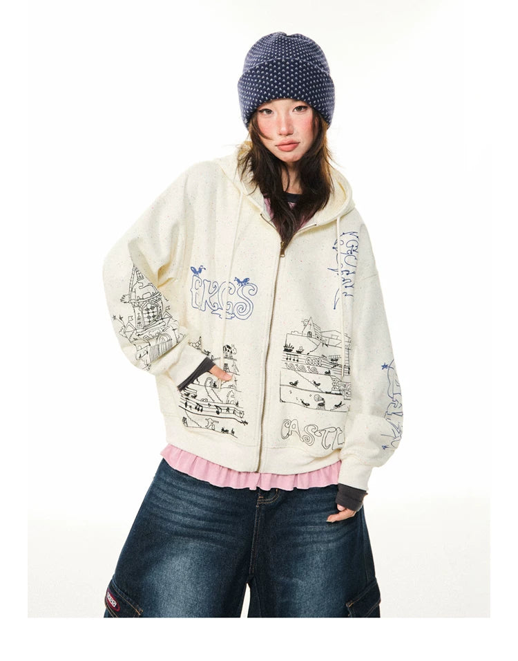 Graphic Print Oversize Zipper Hoodie