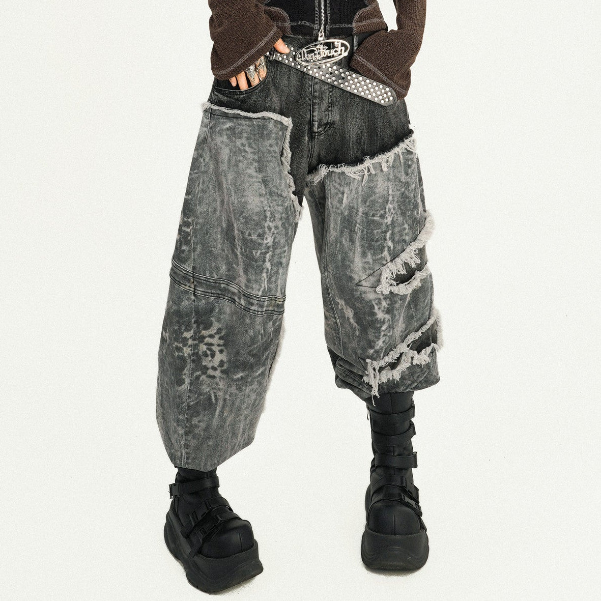 Fake Layered Heavy Craft Raw Hem Wide Leg Denim Jeans