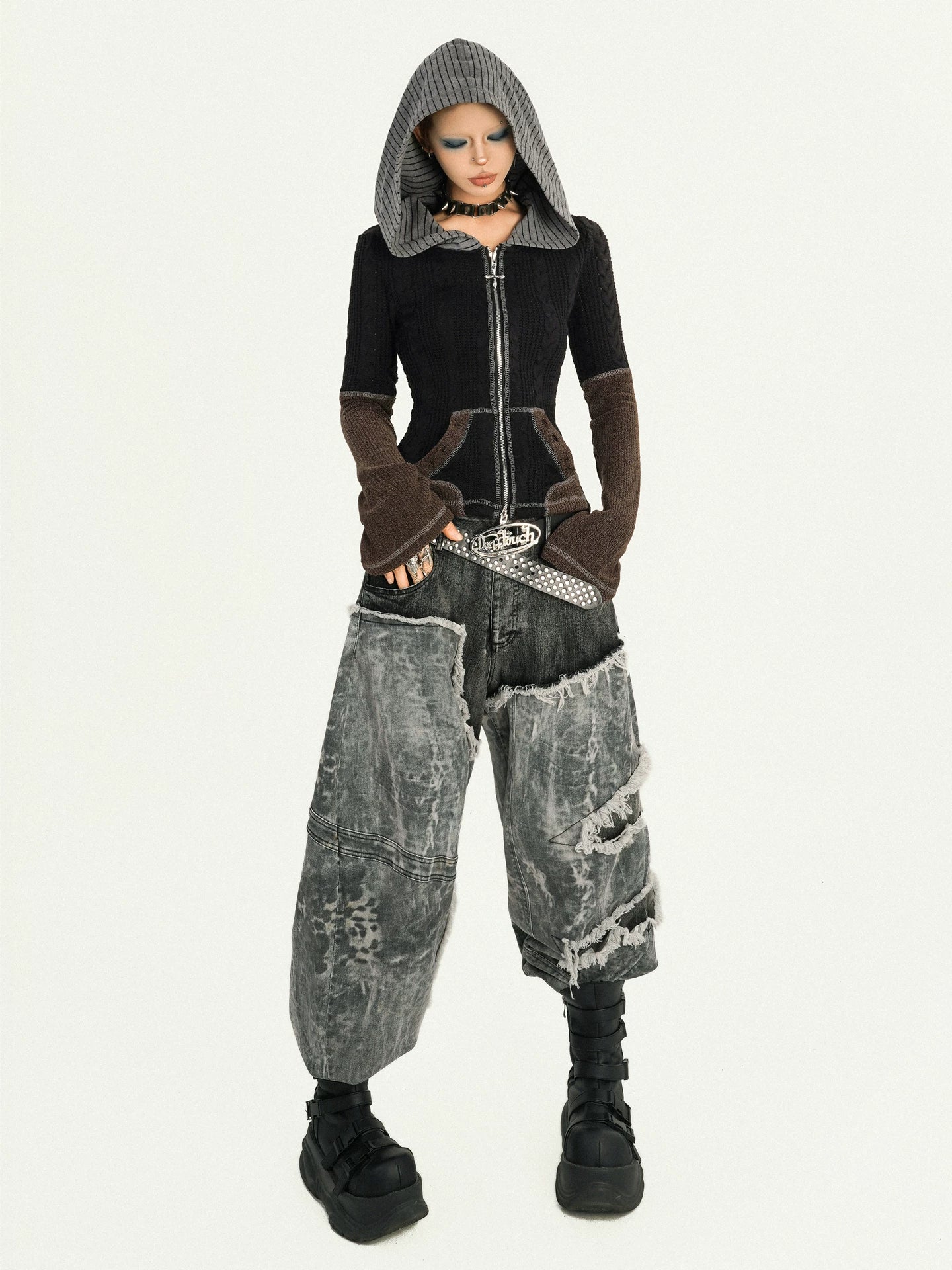 Fake Layered Heavy Craft Raw Hem Wide Leg Denim Jeans