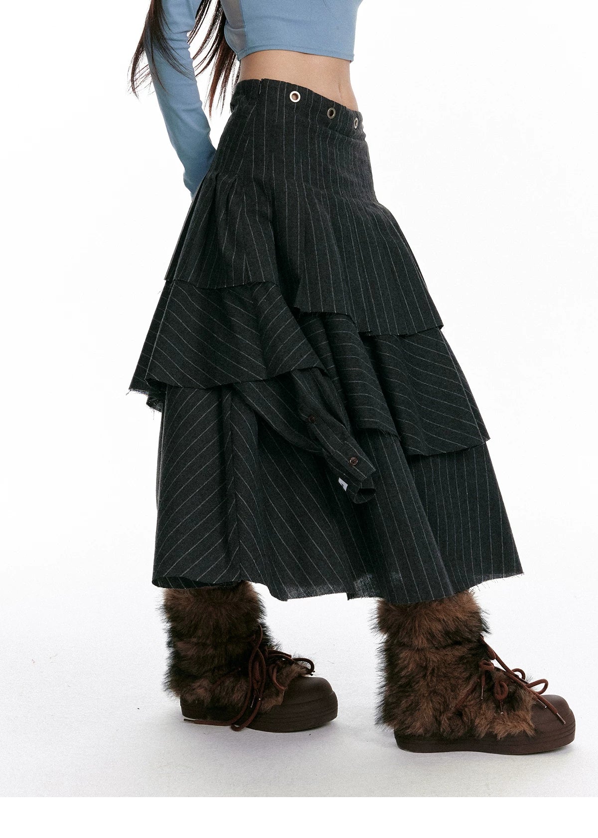 Textured Asymmetrical Striped Midi Ruffle Skirt