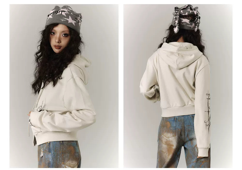 Cropped Graphic Print Zipper Hoodie