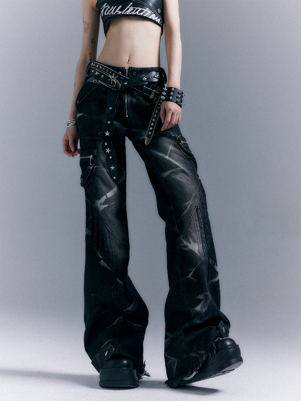 Low-Waist Studs Washed Flare Denim Jeans