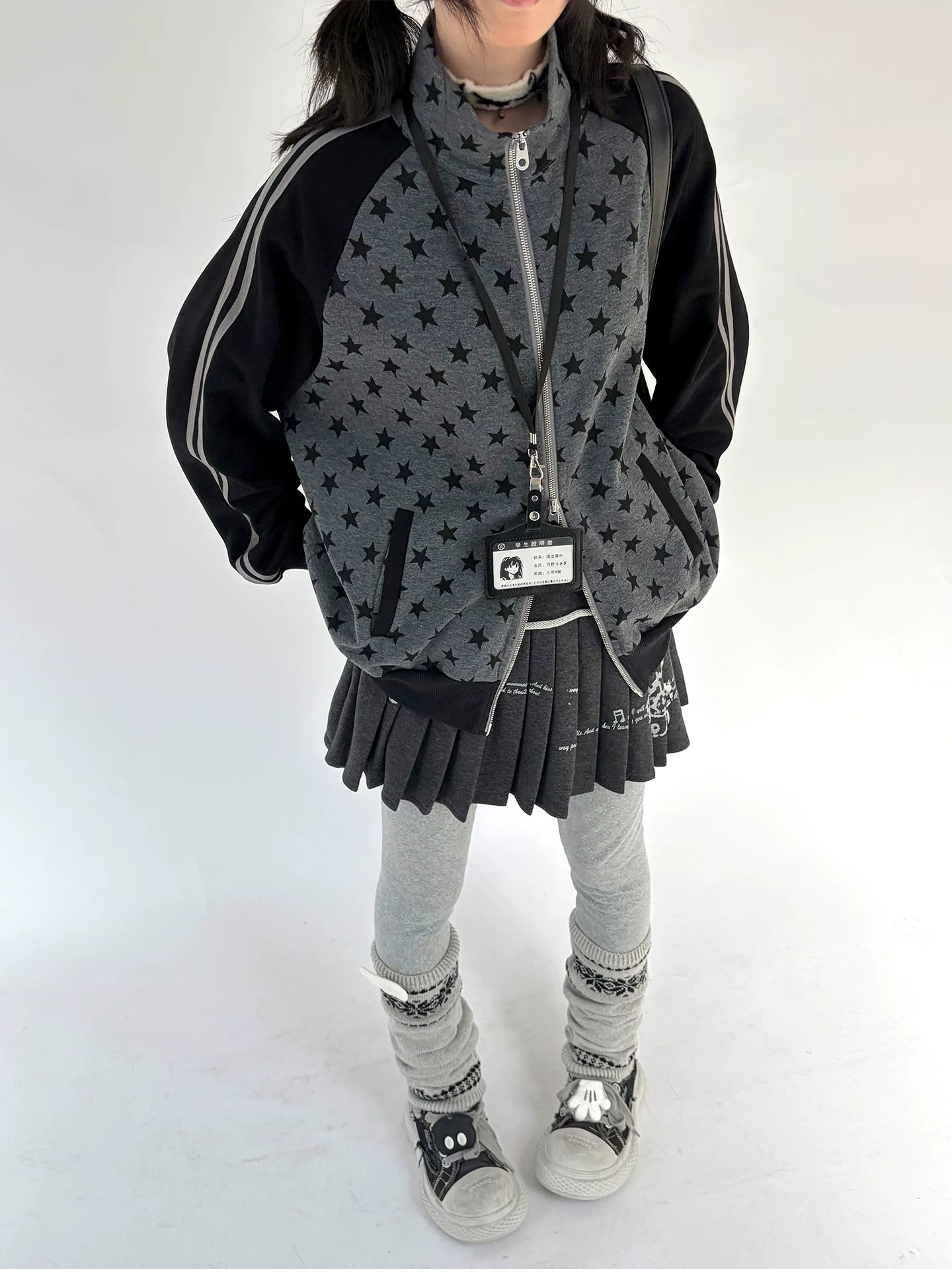 Star Print Double Zipper High-Neck Oversize Cardigan