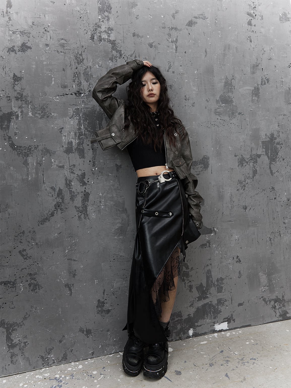 Asymmetric PU Leather Mesh Patchwork Skirt
