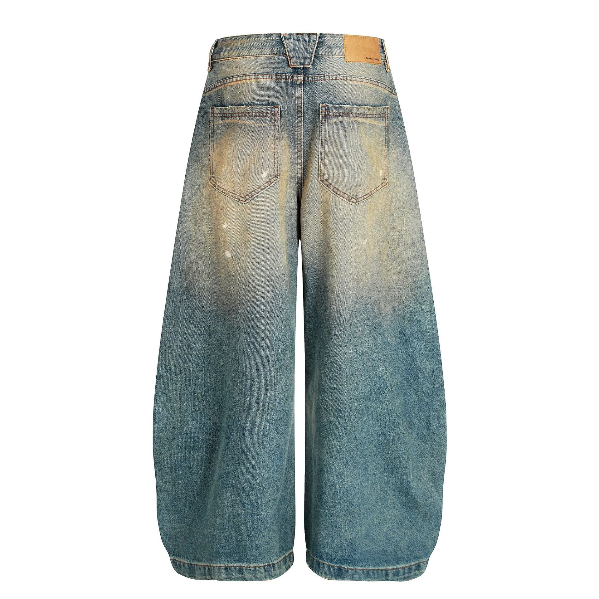 Dirty Washed Curved Wide Leg Denim Jeans