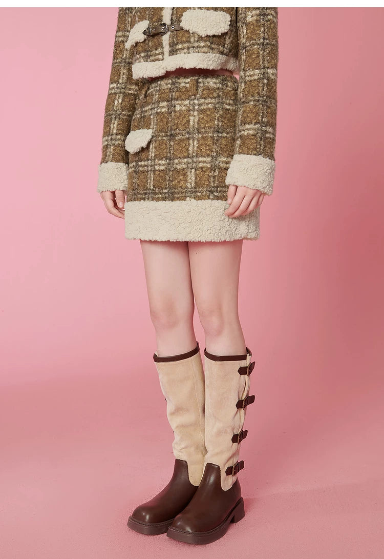Fake Shearling Short Jacket & Pencil Skirt Setup