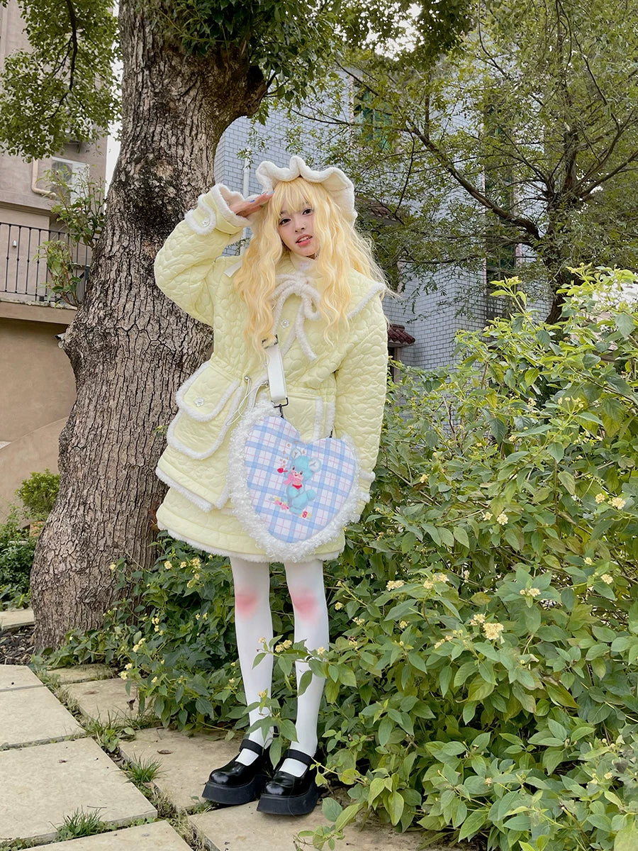 Flower Plush Bow Tie Puffer Jacket