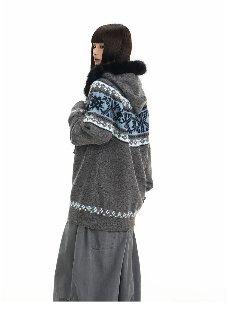 Fur Collar Fair Isle Hooded Knit Cardigan