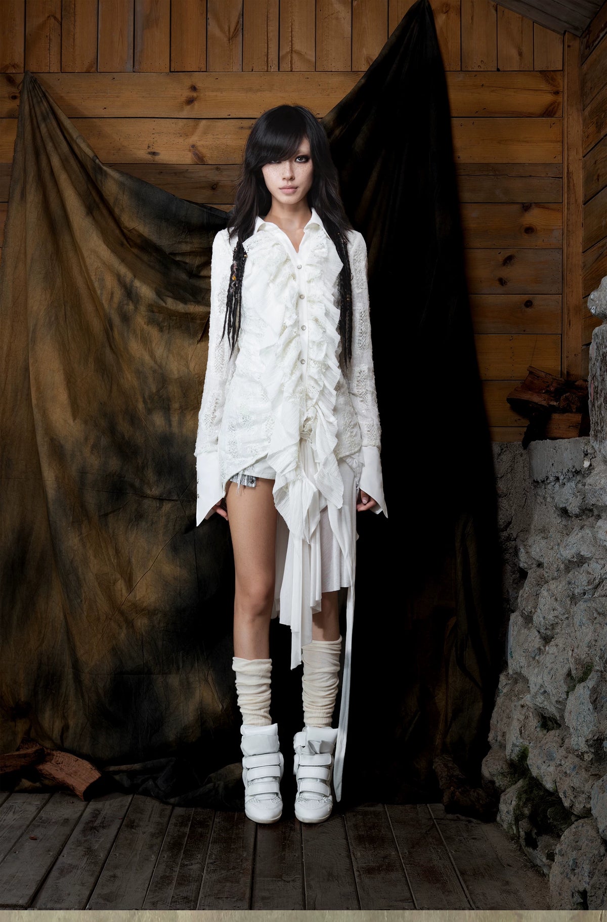 Original Punk Two-Tone Waist-Cinching Ruffle Asymmetric Shirt