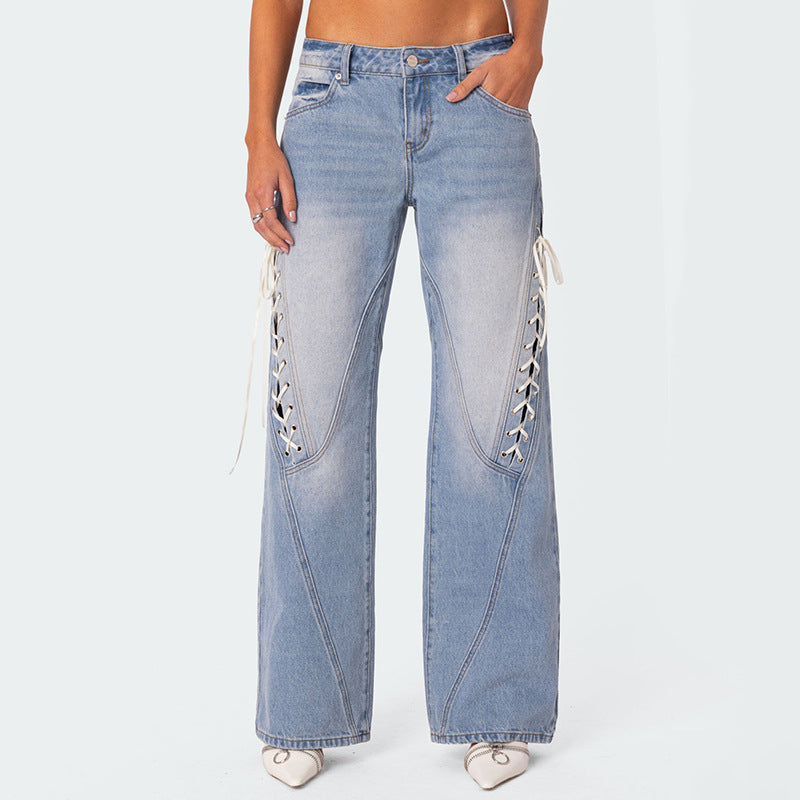 Lace-up Low-rise Straight-Leg Jeans