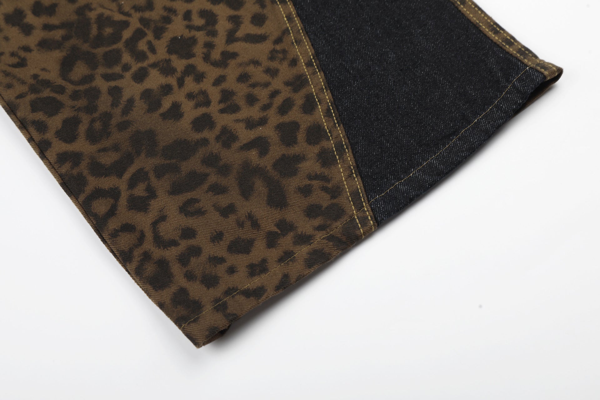Leopard Print Curved Wide Leg Denim Jeans