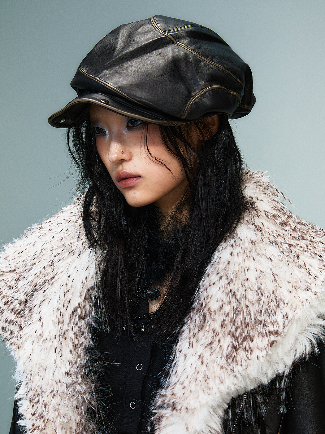 Studded Asymmetrical Washed PU Leather Beret