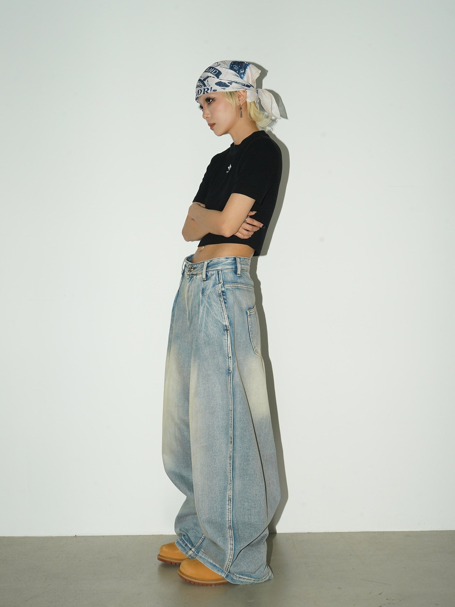 Washed Drape Wide Leg Denim Jeans