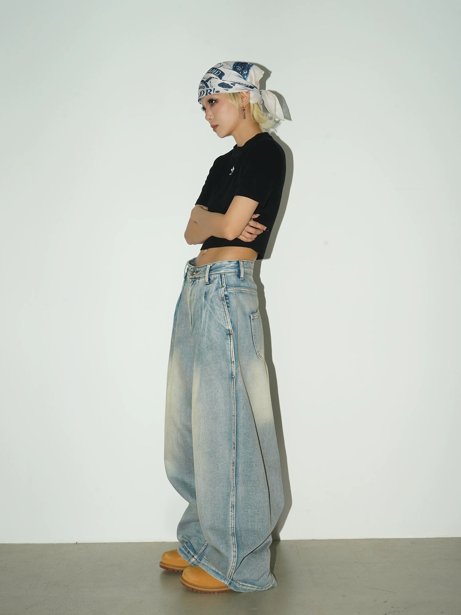 Washed Drape Wide Leg Denim Jeans