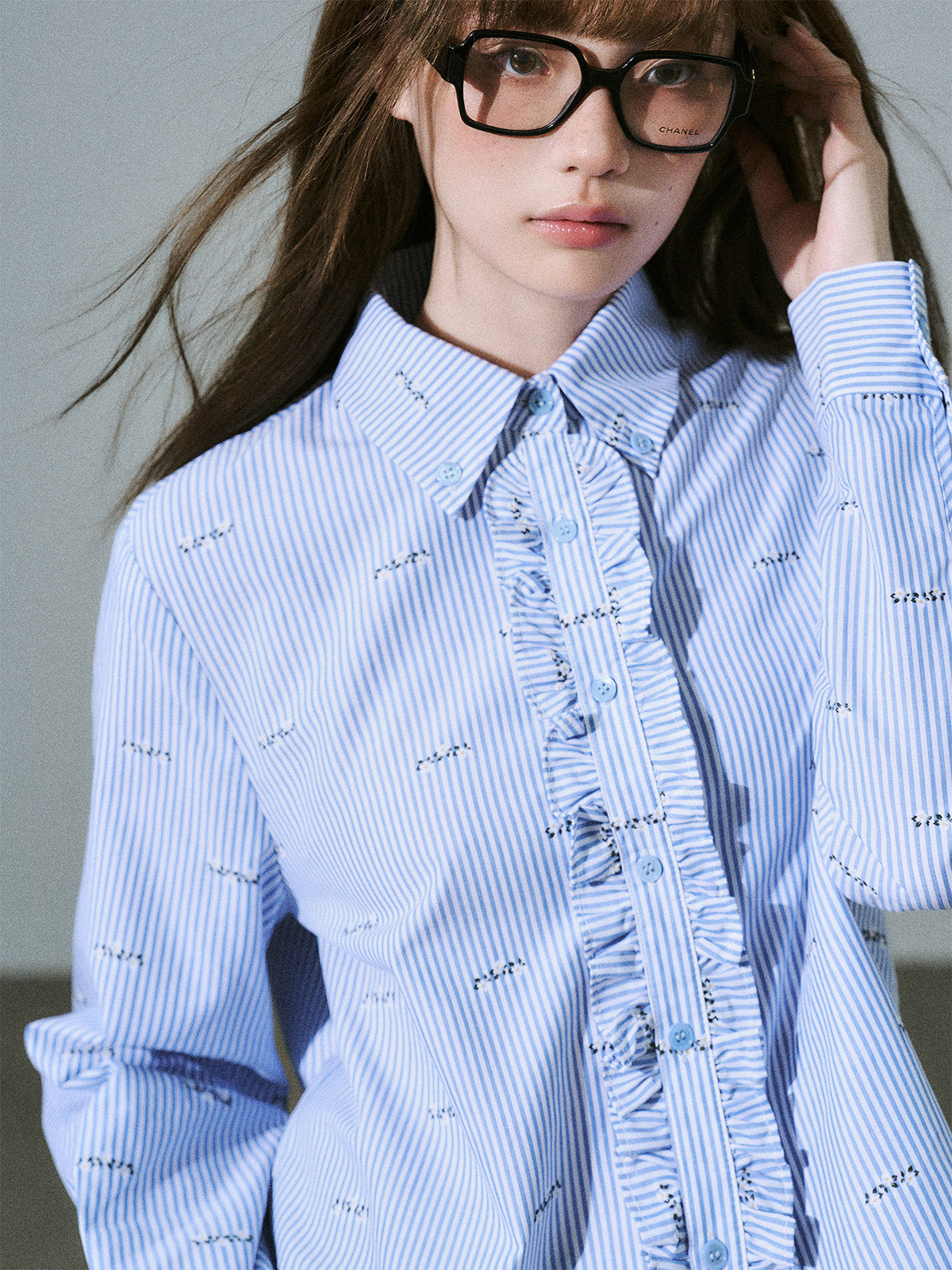 Ruffle Placket Striped Button-Up Long Sleeve Shirt