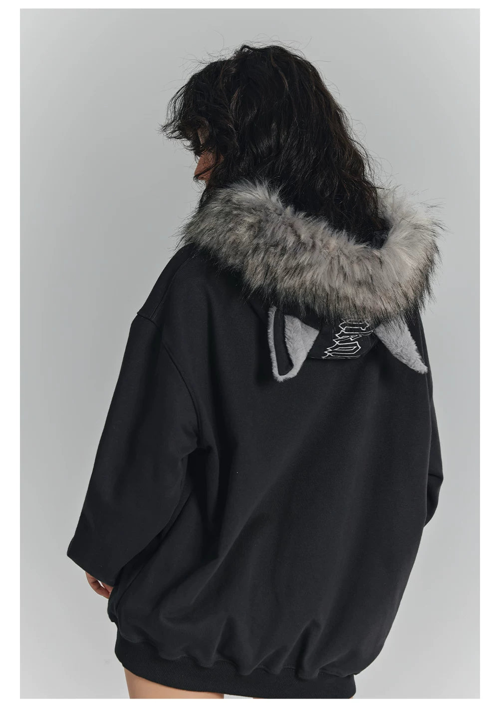 Spider Web Print Fur Collar Cat Ear Oversize Zipper Hoodie