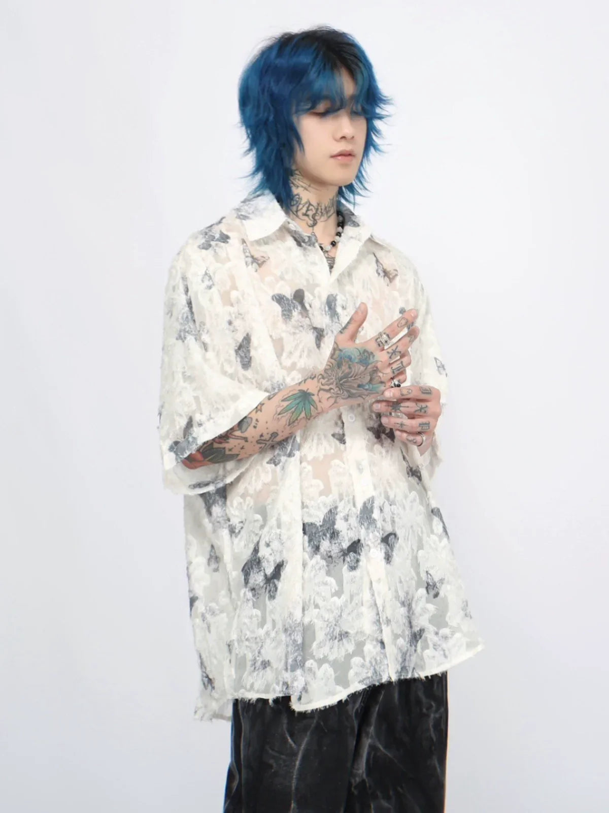 Butterfly Full Print Oversize Sheer Short Sleeve Shirt