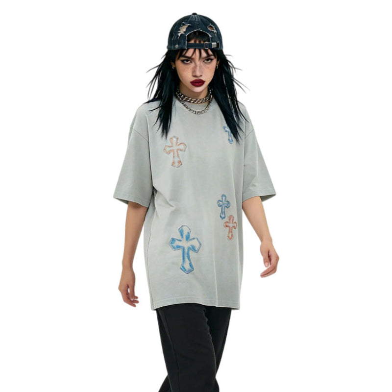 Washed Cross Applique Short Sleeve T-Shirt