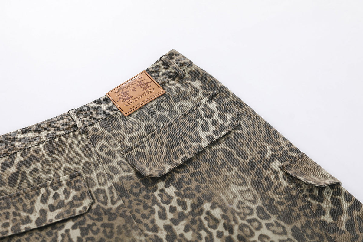 Leopard Print Multi-Pocket Wide Leg Jort