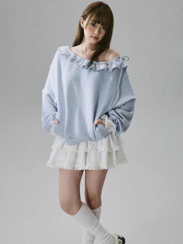 Off-Shoulder Lace Trim Sweatshirt