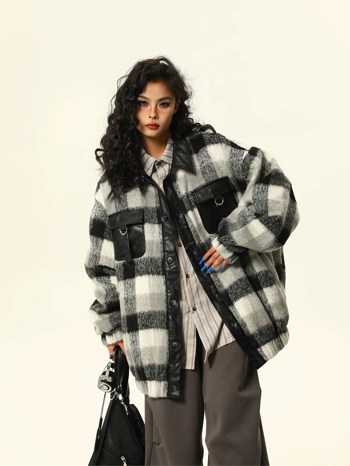 PU Leather Mix Woolen Plaid Jacket