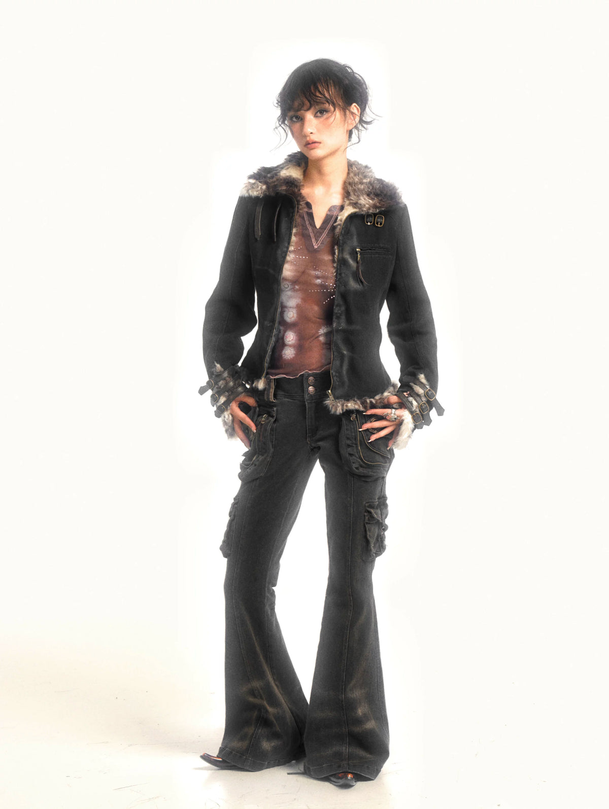 Multi-Pocket Stretch Flare Denim Pants