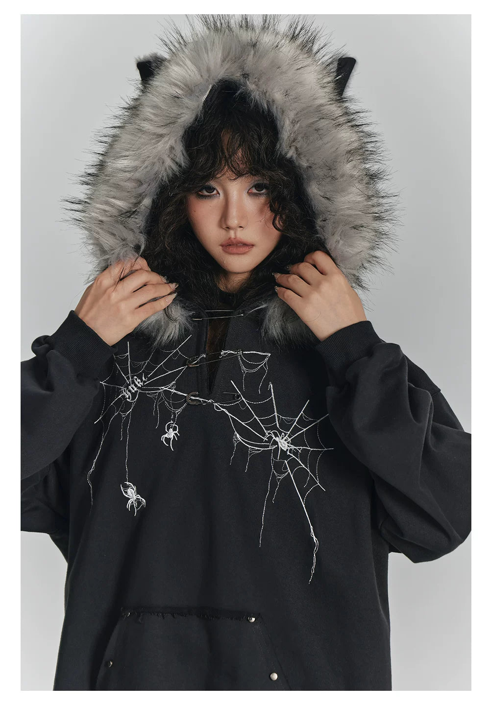 Spider Web Print Fur Collar Cat Ear Oversize Zipper Hoodie