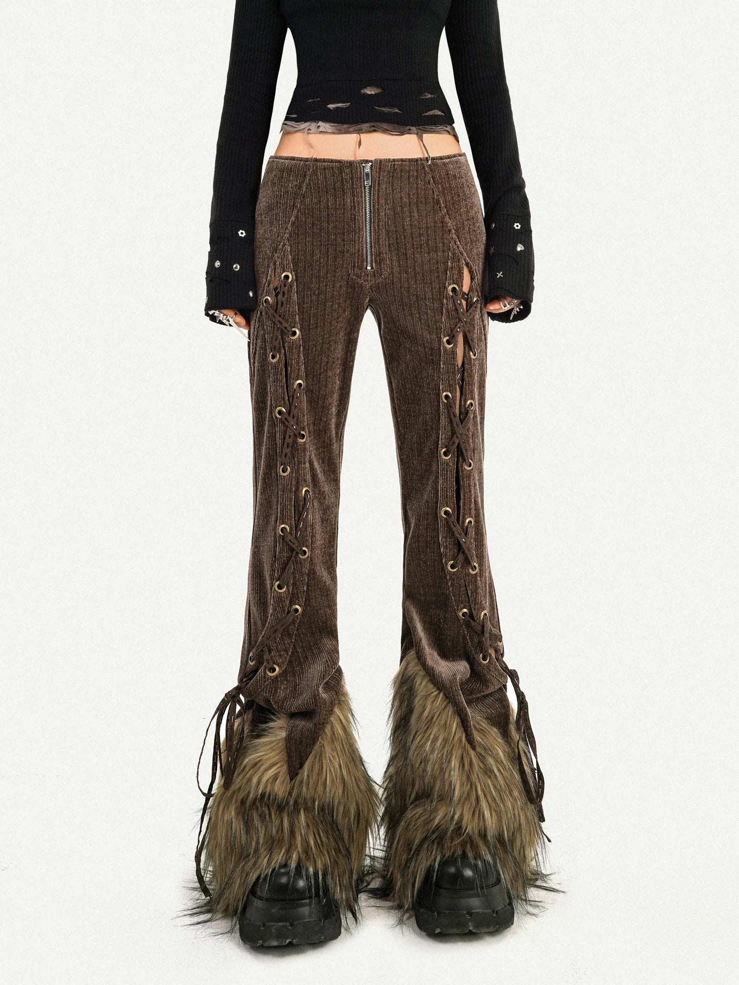 Corduroy Patchwork Fake Fur Lace-Up Slimming Pants