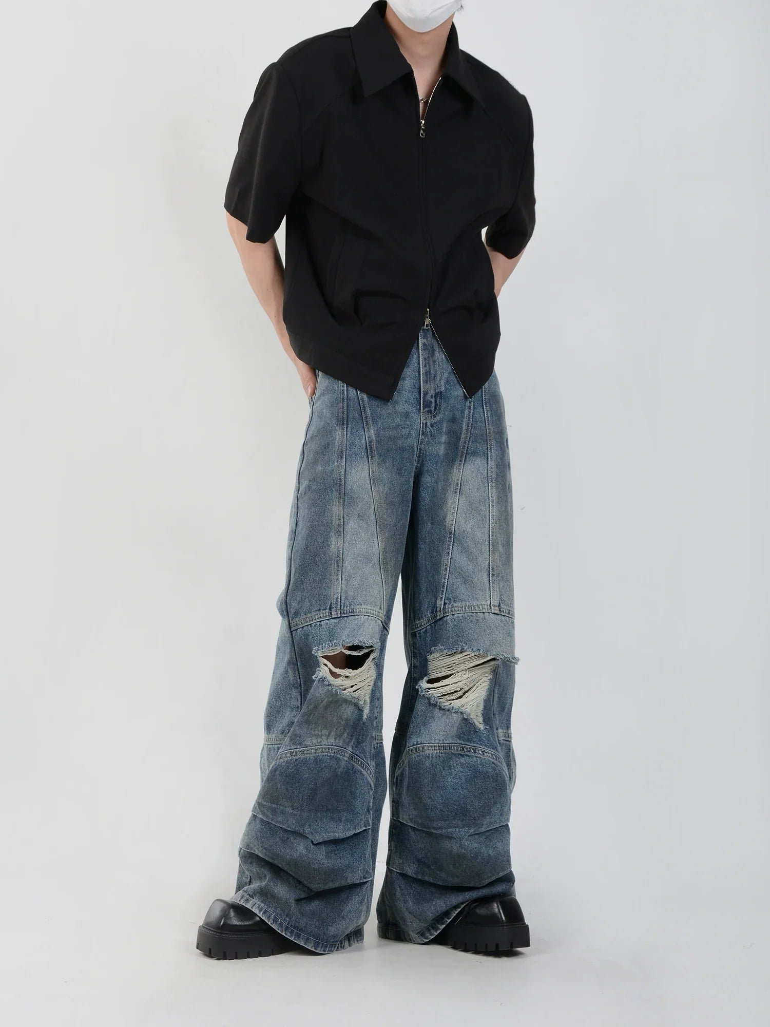 Double Zipper Shoulder Pads Short Sleeve Shirt