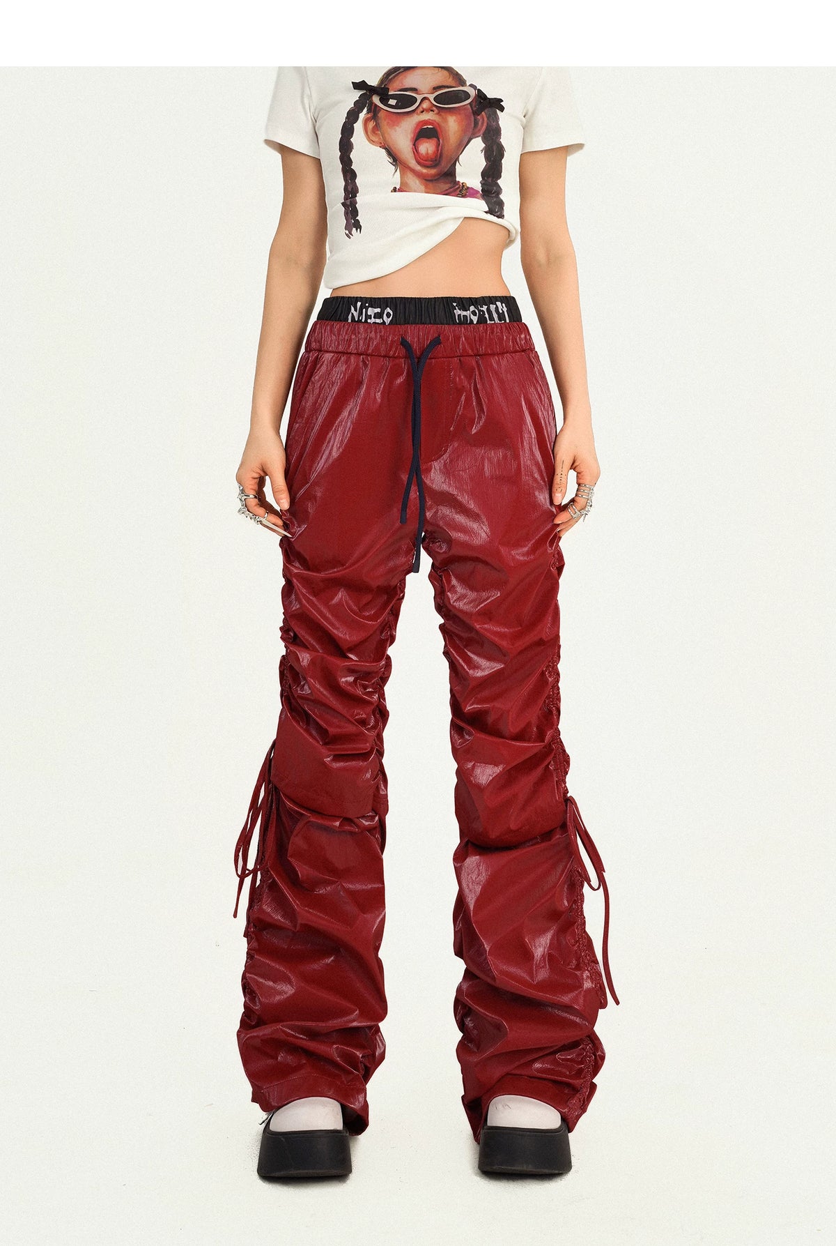 Tie Cord Pleats Double Waist Pants