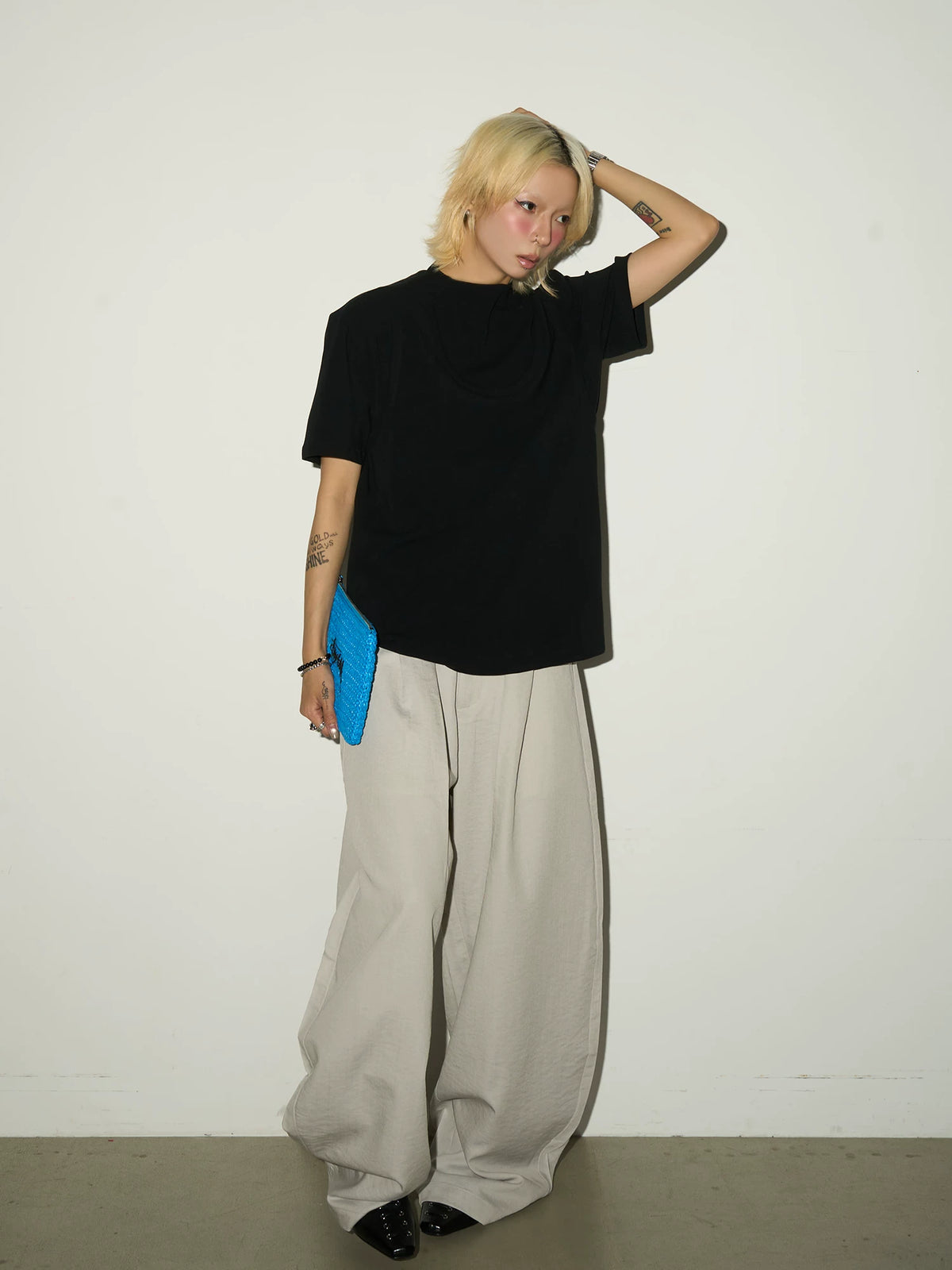 Pleats Elastic Waist Wide Leg Trousers