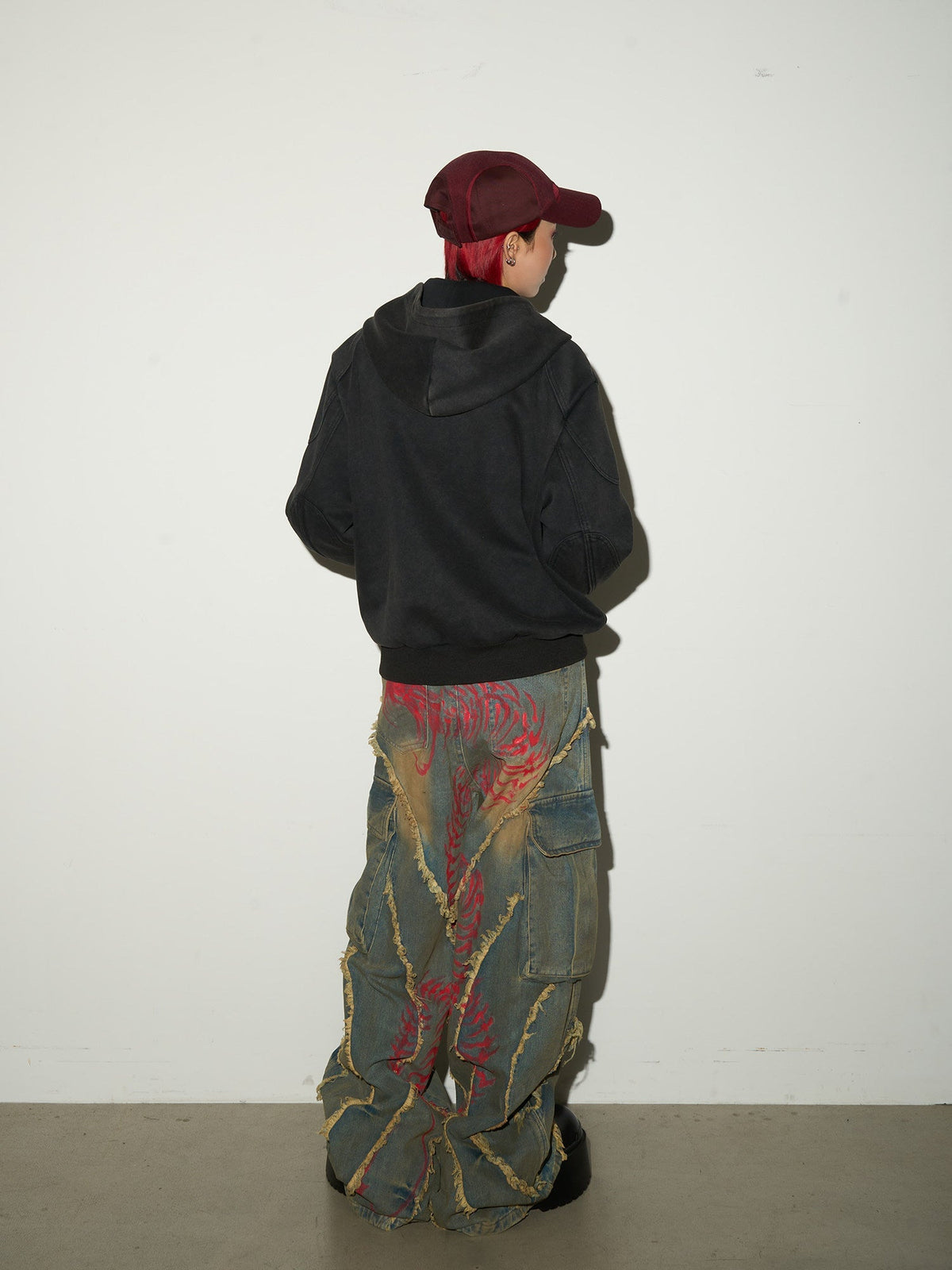 Embroidery Wash Damage Oversize Zipper Hoodie