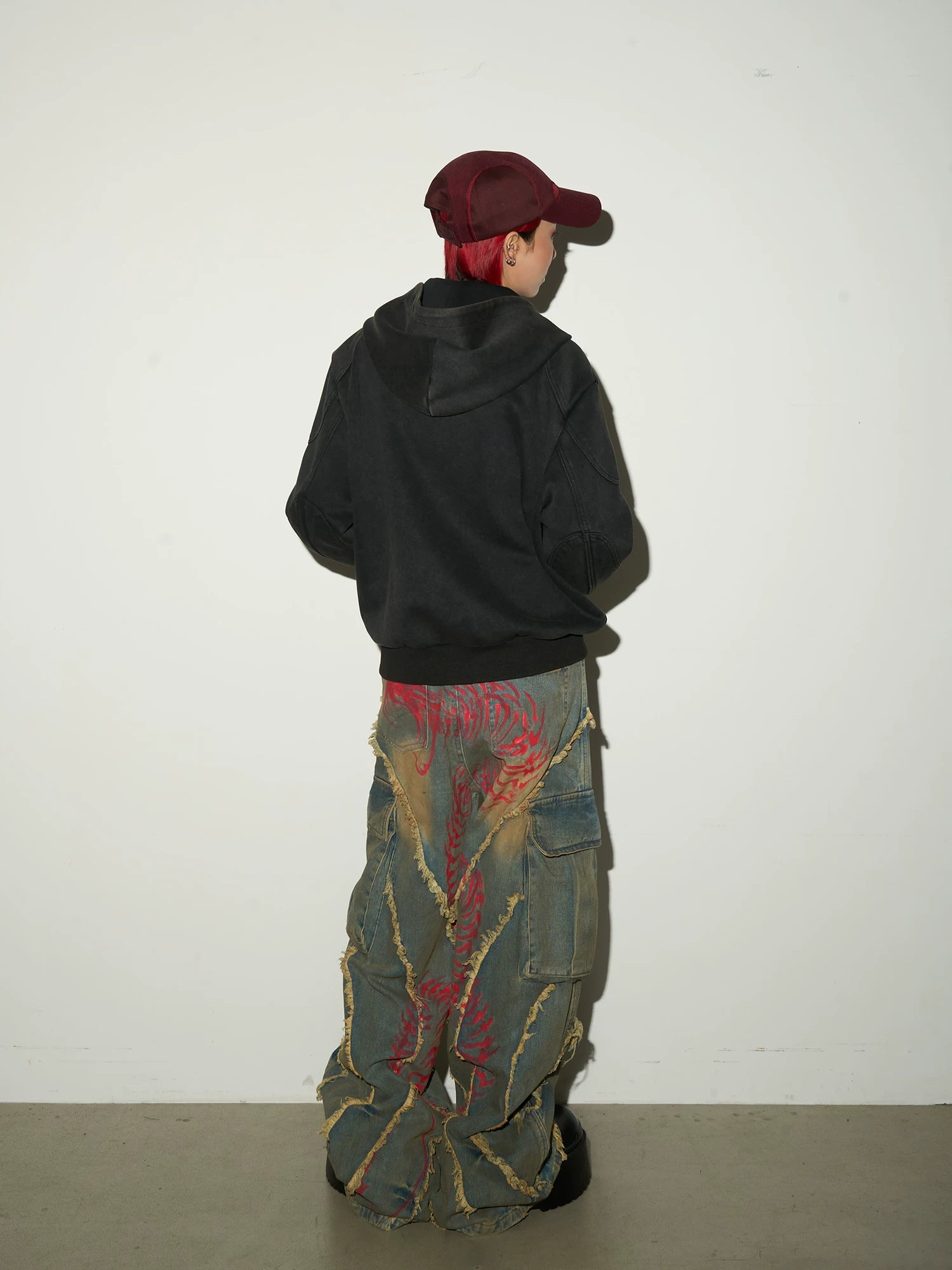 Embroidery Wash Damage Oversize Zipper Hoodie