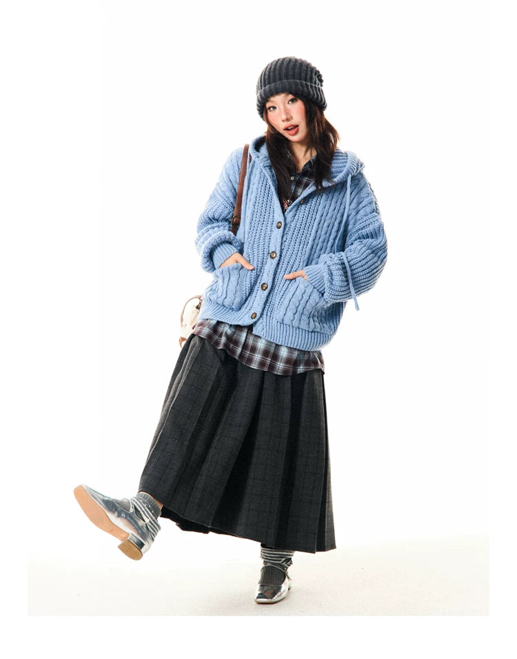 Hooded Button Oversize Cable Knit Cardigan